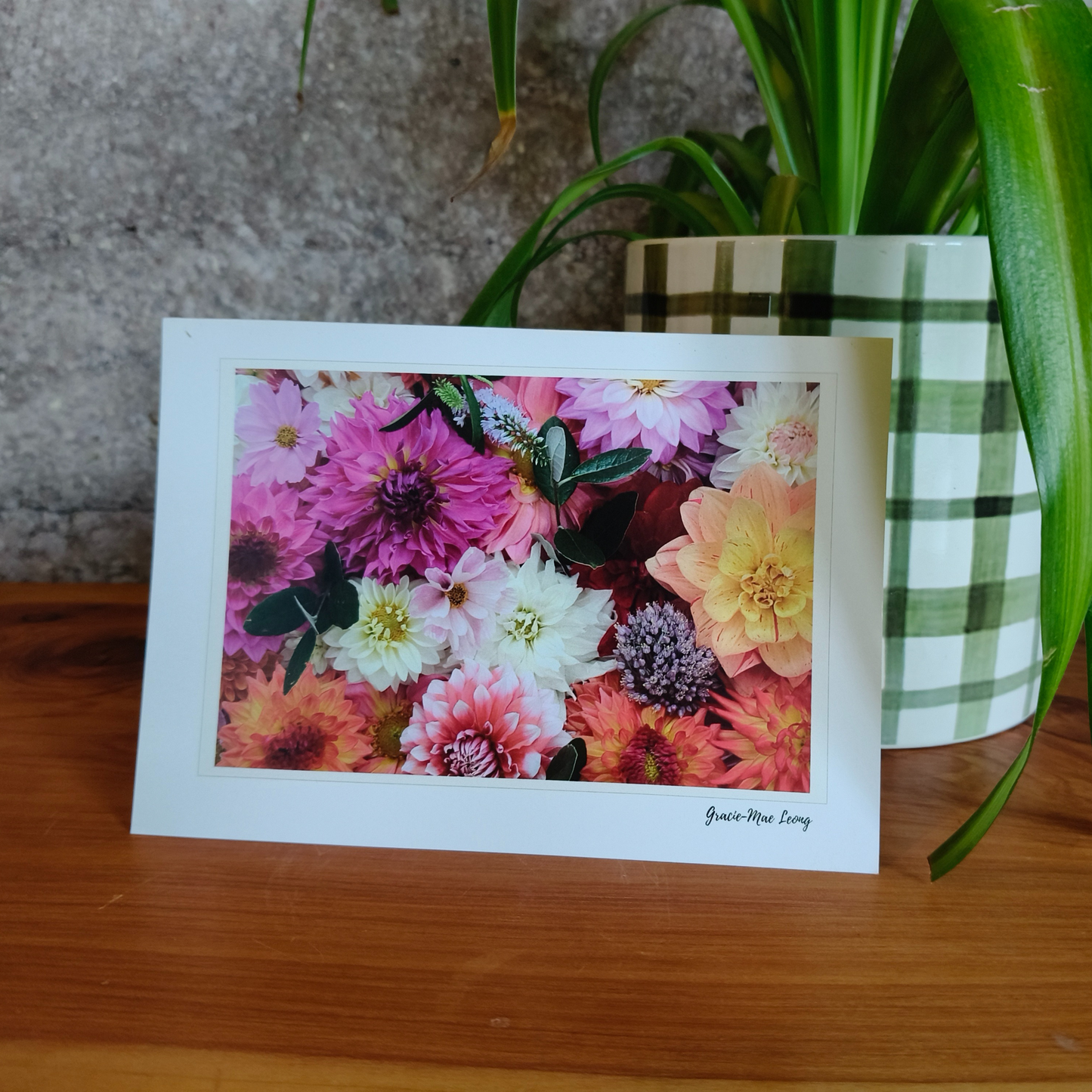 Greeting card featuring big pink dahlia flatlay by Gracie-Mae – blank inside